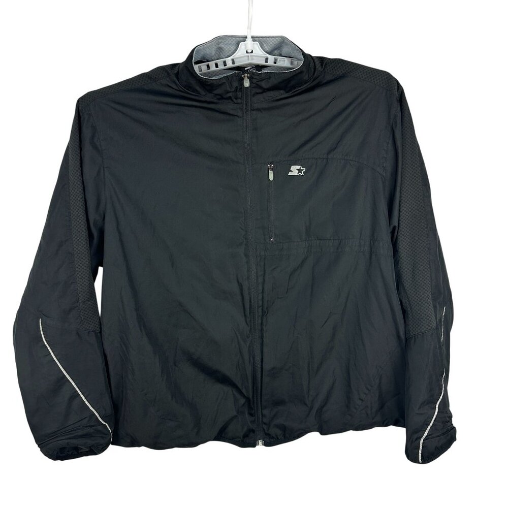 Starter Mens Black 2XL Windbreaker Jacket Zipper Pockets & Reflective Accents